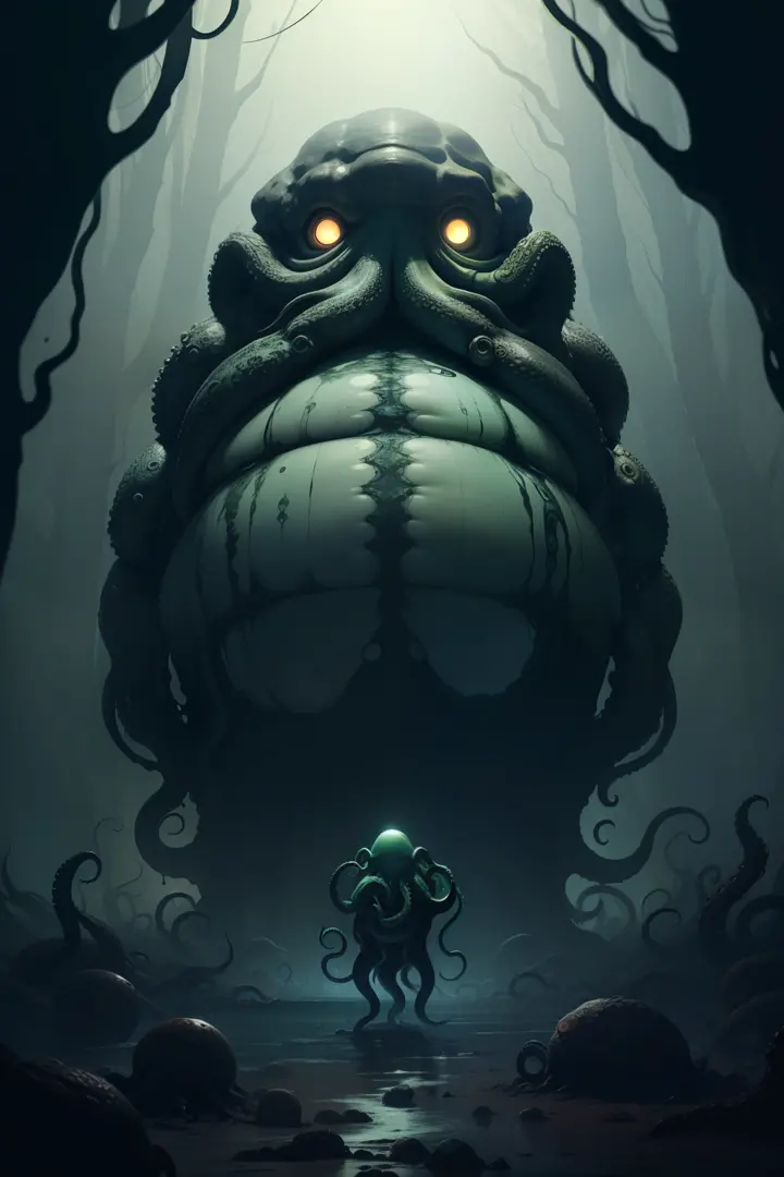 Cthulhu,Monster,(tentaculata:1.25),(bloated body:1.25),The abyss is huge,buck teeth，Fujiman，twisted torso，crawling，wriggle，dark ...
