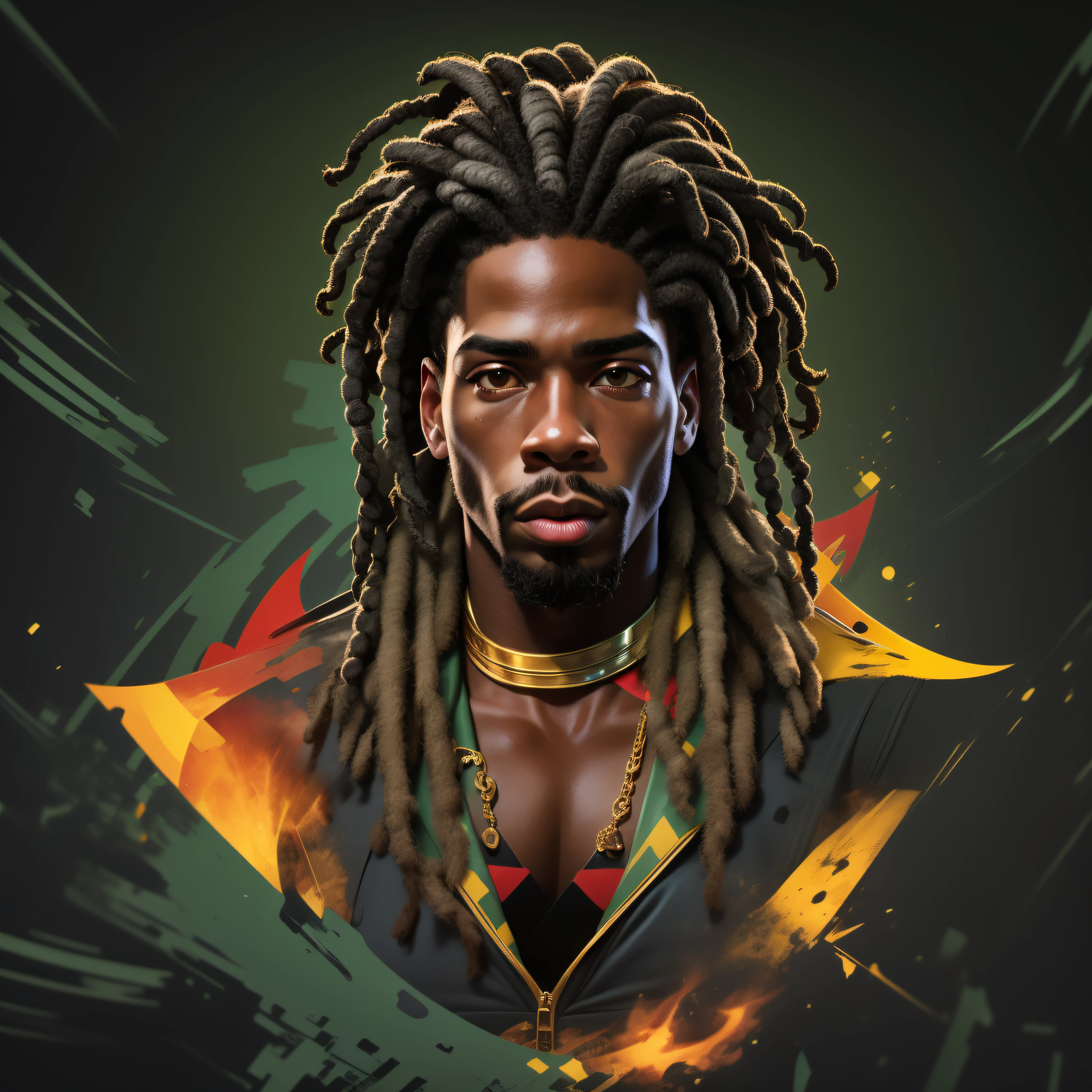 Create a logo with the head of a black man with dreadlocks in black colors, verde, amarelo e vermelho (olhando para a frente) , imagem estilo logomarca , Sober, (fundo preto), Image with resolution of at least 300dpi, UHD 8k, Very high quality for excellent printing. Lighting that highlights the figure in relation to the background, cores do reggae, Estilo da camada de disco