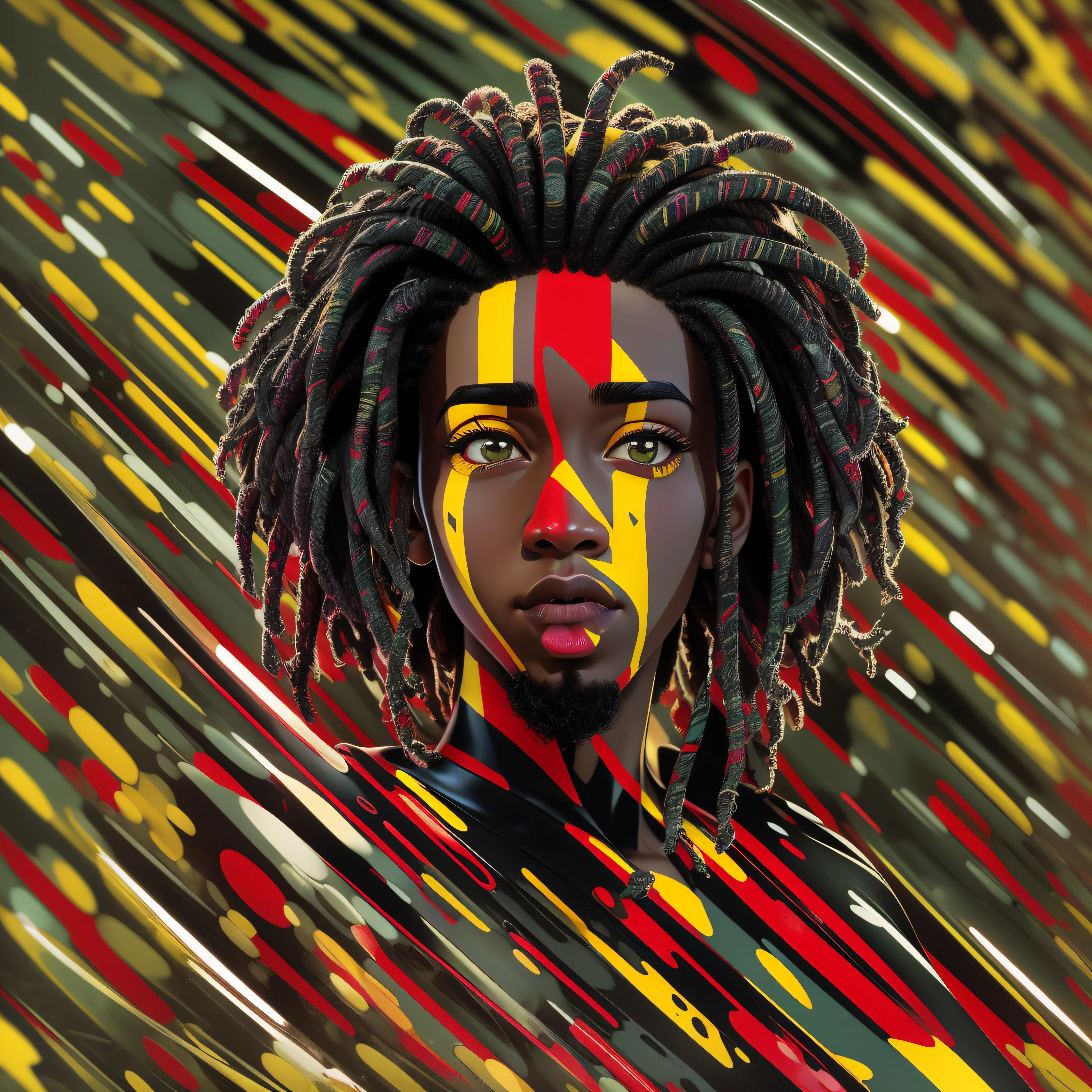 Créez un logo avec la tête d’un homme noir avec des dreadlocks de couleurs noires, vert, jaune et rouge (avoir hâte de) , Logo Style Image , Sobre, (fond noir), Image avec une résolution d&#39;au moins 300 dpi, UHD 8k, Très haute qualité pour une excellente impression. Un éclairage qui met en valeur la silhouette par rapport au fond, couleurs reggae, Style de couche de disque