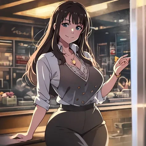 , big breasts, thick thighs, mature woman, long dark brown hair, smiling affectionately, in the style of Makoto Shinkai, in a shut down Wendy's at nighttime