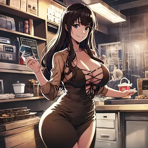 , big breasts, thick thighs, mature woman, long dark brown hair, smiling affectionately, in the style of Makoto Shinkai, in a shut down Wendy's at nighttime