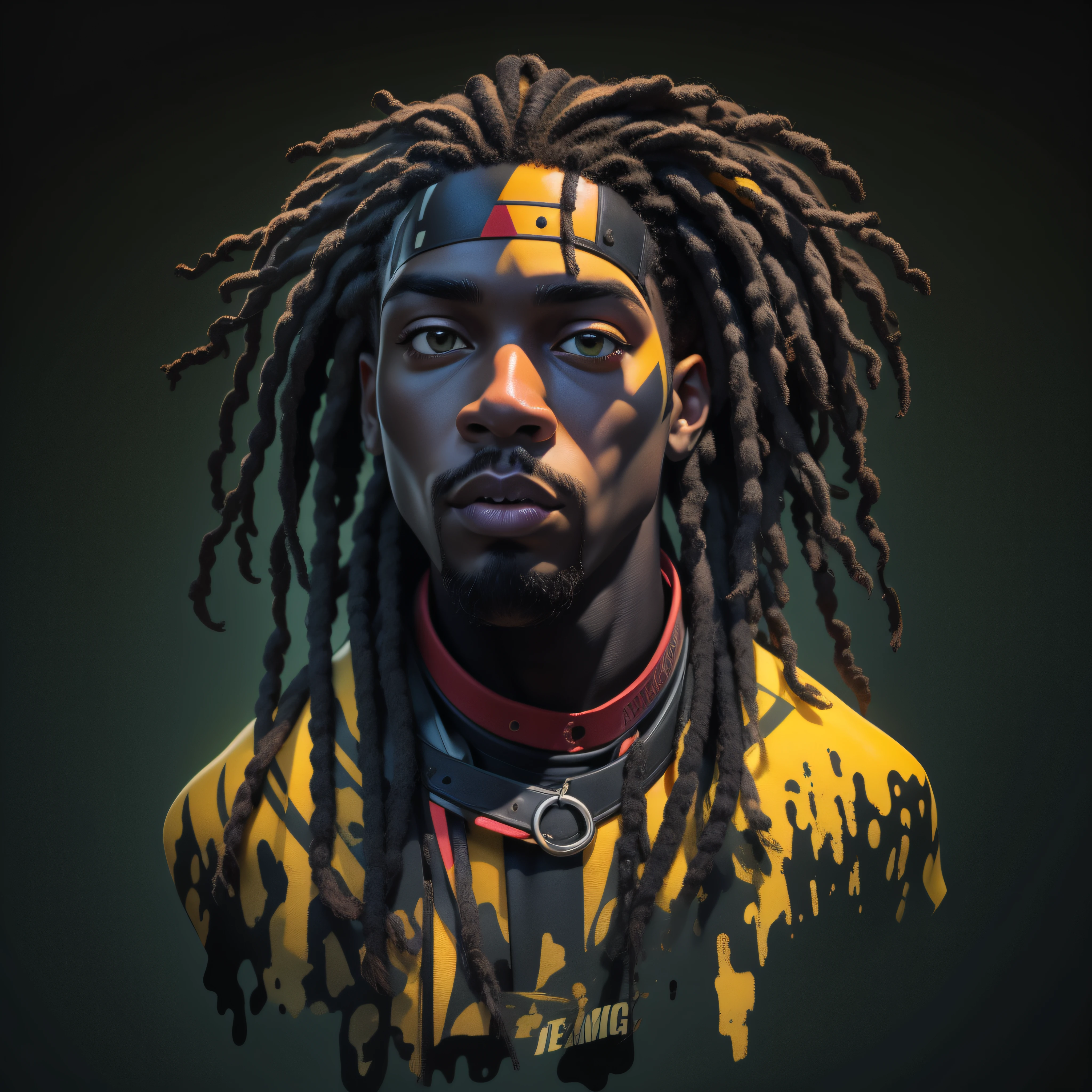 Crear un logotipo con la cabeza de un hombre negro con rastas en colores negros, verde, amarillo y rojo (Mirando para adelante) , Logotipo de estilo de imagen , Sobrio, (fondo negro), Imagen con resolución de al menos 300 ppp., Ultra HD 8K, Muy alta calidad para una excelente impresión.. Iluminación que resalta la figura en relación con el fondo.