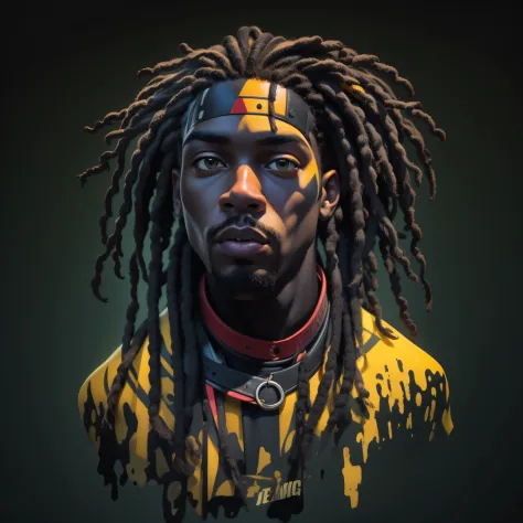 Create a logo with the head of a black man with dreadlocks in black colors, verde, amarelo e vermelho (olhando para a frente) , ...