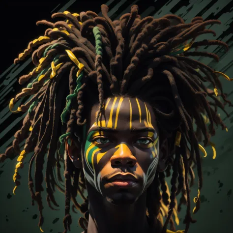 Create a logo with the head of a black man with dreadlocks in black colors, verde, amarelo e vermelho (olhando para a frente) , ...