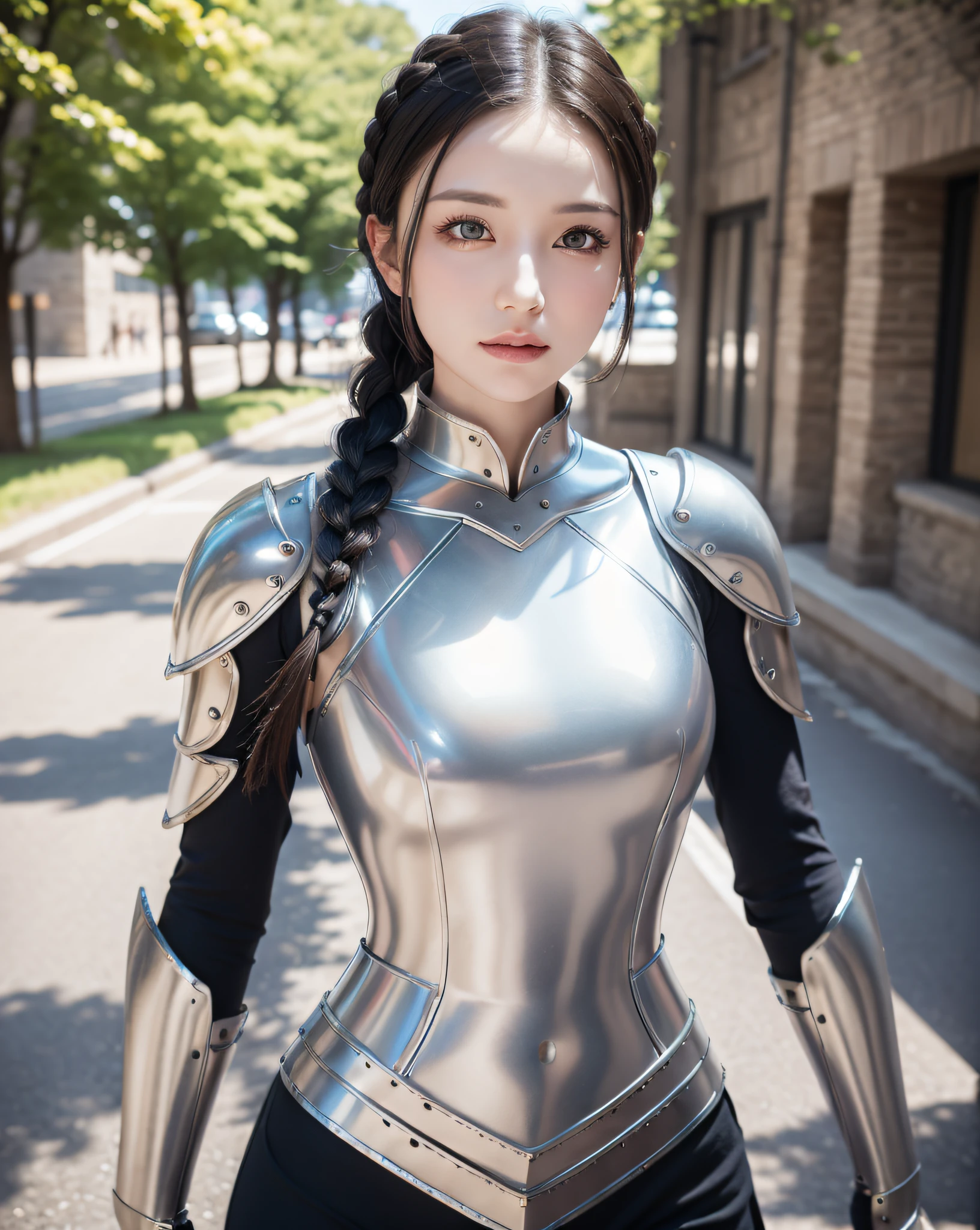 (masterpiece, best quality),(extremely intricate:1.3), (realistic), 1girl, milf, caucasian, green eyes, perfect eyes, perfect iris, perfect pupils, perfect lips,perfect nose, perfect hands, very detailed hands, perfect fingers, black hair, short hair, straight hair, small braid in her hair, (medieval armor), metal reflections, (((silver armor))), outdoors, far away castle, (ornately decorated armor), (insanely detailed, bloom:1.5), chainmail, intense sunlight, professional photograph of a stunning woman detailed, sharp focus, award winning, cinematic lighting, blurry background, upper body, ((confident)), (Pose:looking at the camera),mecha