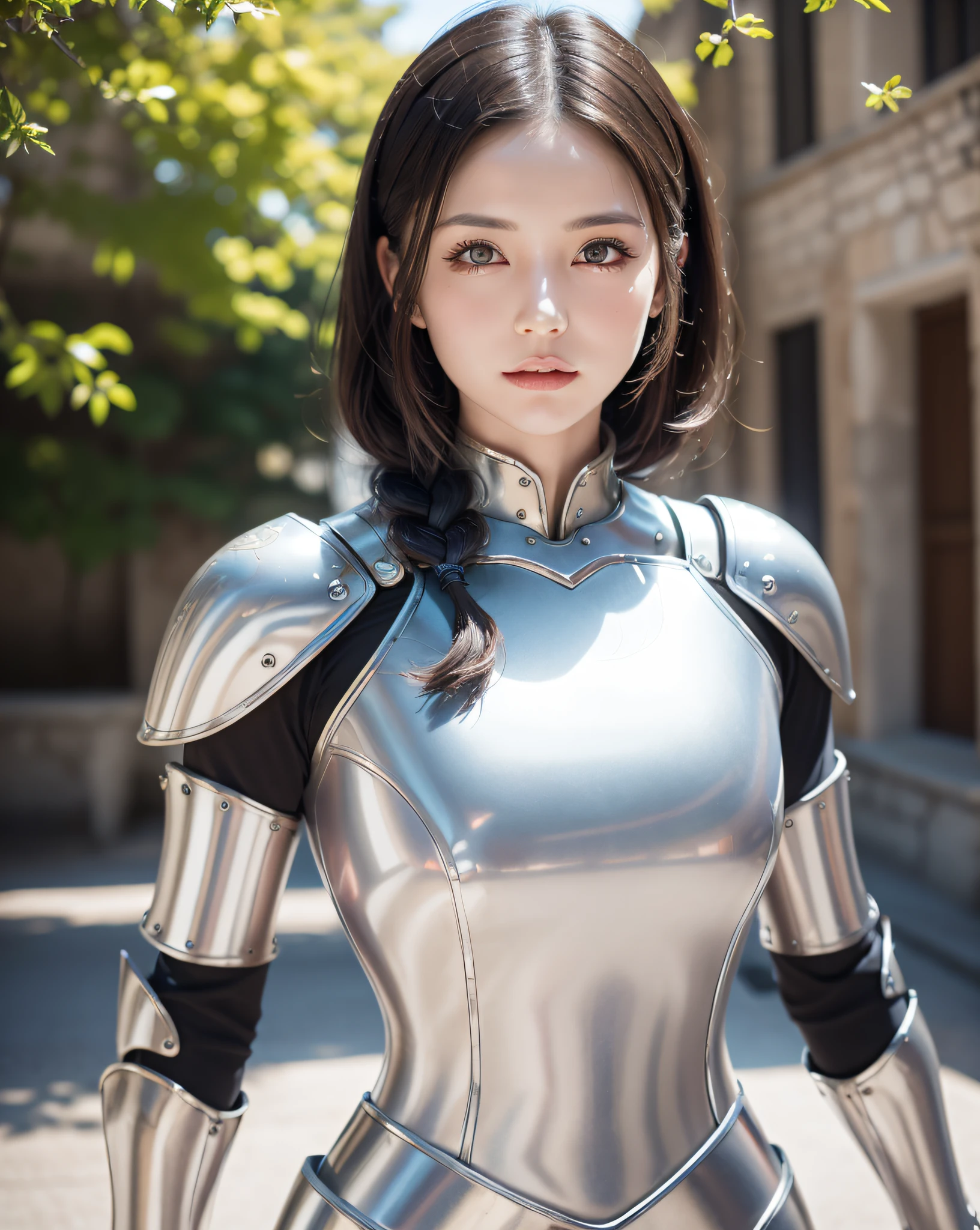 (masterpiece, best quality),(extremely intricate:1.3), (realistic), 1girl, milf, caucasian, green eyes, perfect eyes, perfect iris, perfect pupils, perfect lips,perfect nose, perfect hands, very detailed hands, perfect fingers, black hair, short hair, straight hair, small braid in her hair, (medieval armor), metal reflections, (((silver armor))), outdoors, far away castle, (ornately decorated armor), (insanely detailed, bloom:1.5), chainmail, intense sunlight, professional photograph of a stunning woman detailed, sharp focus, award winning, cinematic lighting, blurry background, upper body, ((confident)), (Pose:looking at the camera),mecha