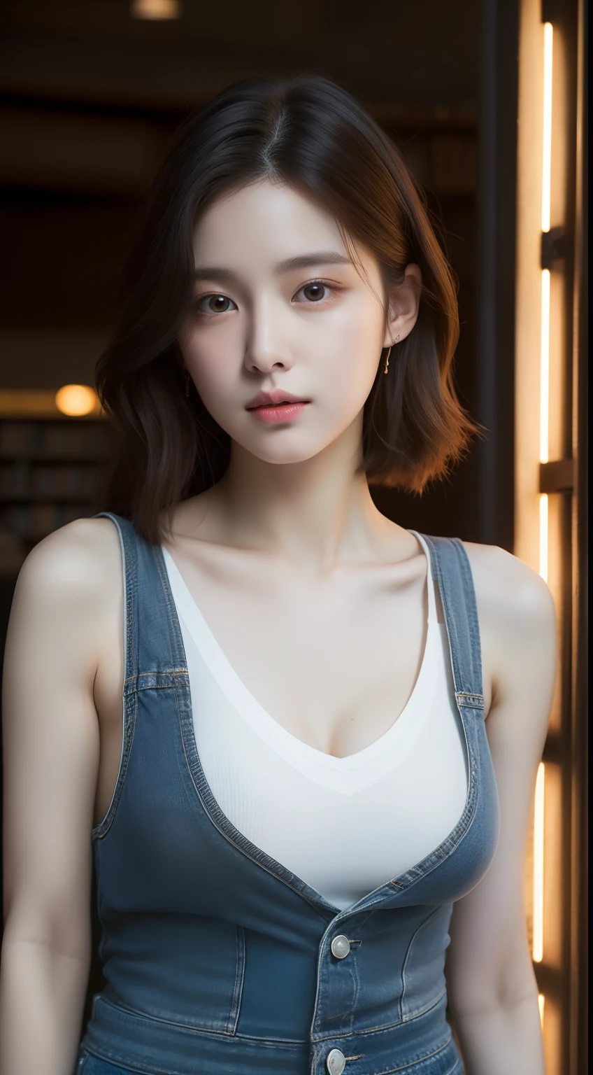 realistic photos of 1 cute Korean star, hair strand, white skin, thin makeup, 32 inch breasts size, wearing black v-neck tank top, shorts jeans, in front of bookstore, close-up, Pre-Raphaelite Brotherhood, glowing light, UHD