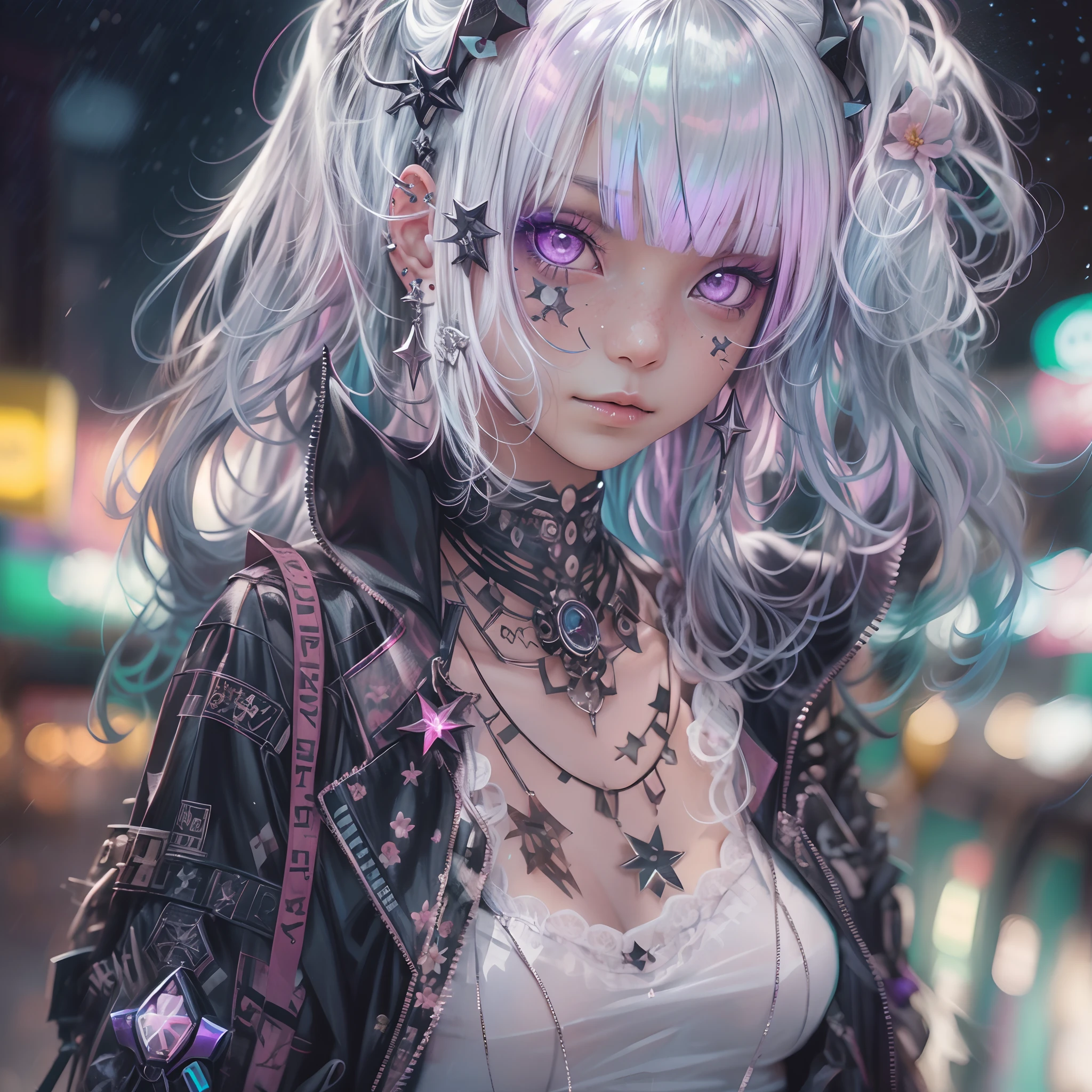 goth_punk, 1girl, solo, cowboy shot, looking at viewer, candid portrait, sidelocks, futobot, white shimmering hair with purple accents, glowing hair, (iridescent hair), earrings, bangs, jewelry, cyborg mask, blunt bangs, green eyes, walking in harajuku, ((night time)), bokeh, neon light, iridescent eyes, starry sky, flower hair ornaments,