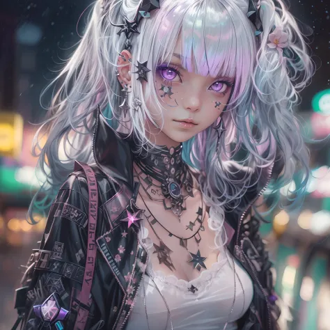 goth_punk, 1girl, solo, cowboy shot, looking at viewer, candid portrait, sidelocks, futobot, white shimmering hair with purple accents, glowing hair, (iridescent hair), earrings, bangs, jewelry, cyborg mask, blunt bangs, green eyes, walking in harajuku, ((...