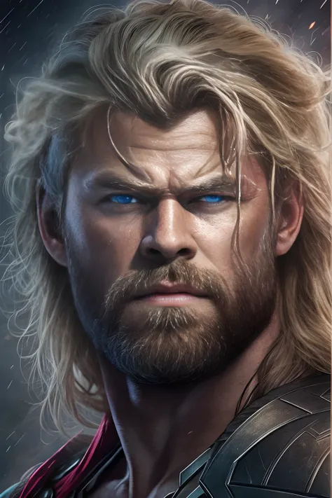 A portrait of actor Chris Hemsworth as Thor, with piercing eyes ...