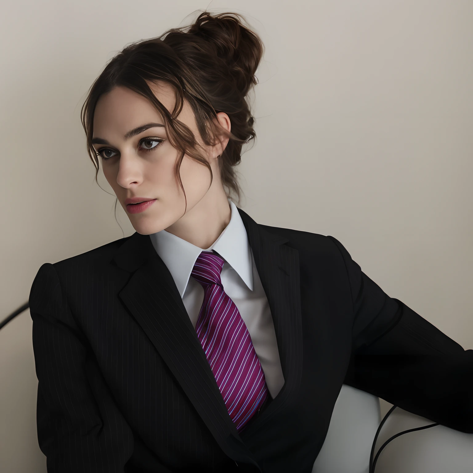 Keira Knightley in a suit and tie sitting on a chair, girl in a suit, girl in suit, wearing a strict business suit, in strict suit, woman in business suit, in a business suit, kiera knightly, woman in black business suit, kiera knightley, wearing business suit, wearing suit and tie, wearing a suit and tie