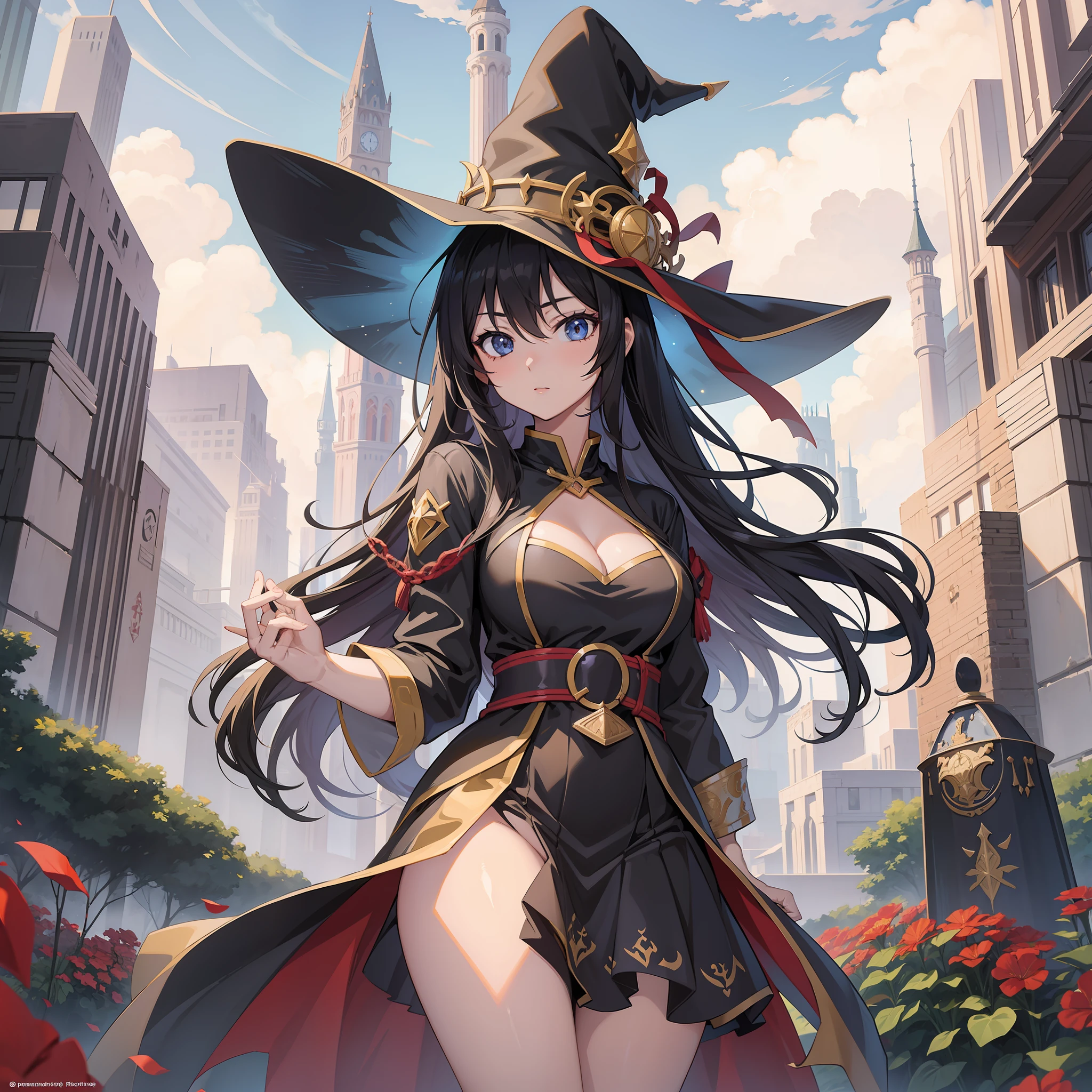 anime girl, black hair, wizard tower, full body shot, sexy, skinny