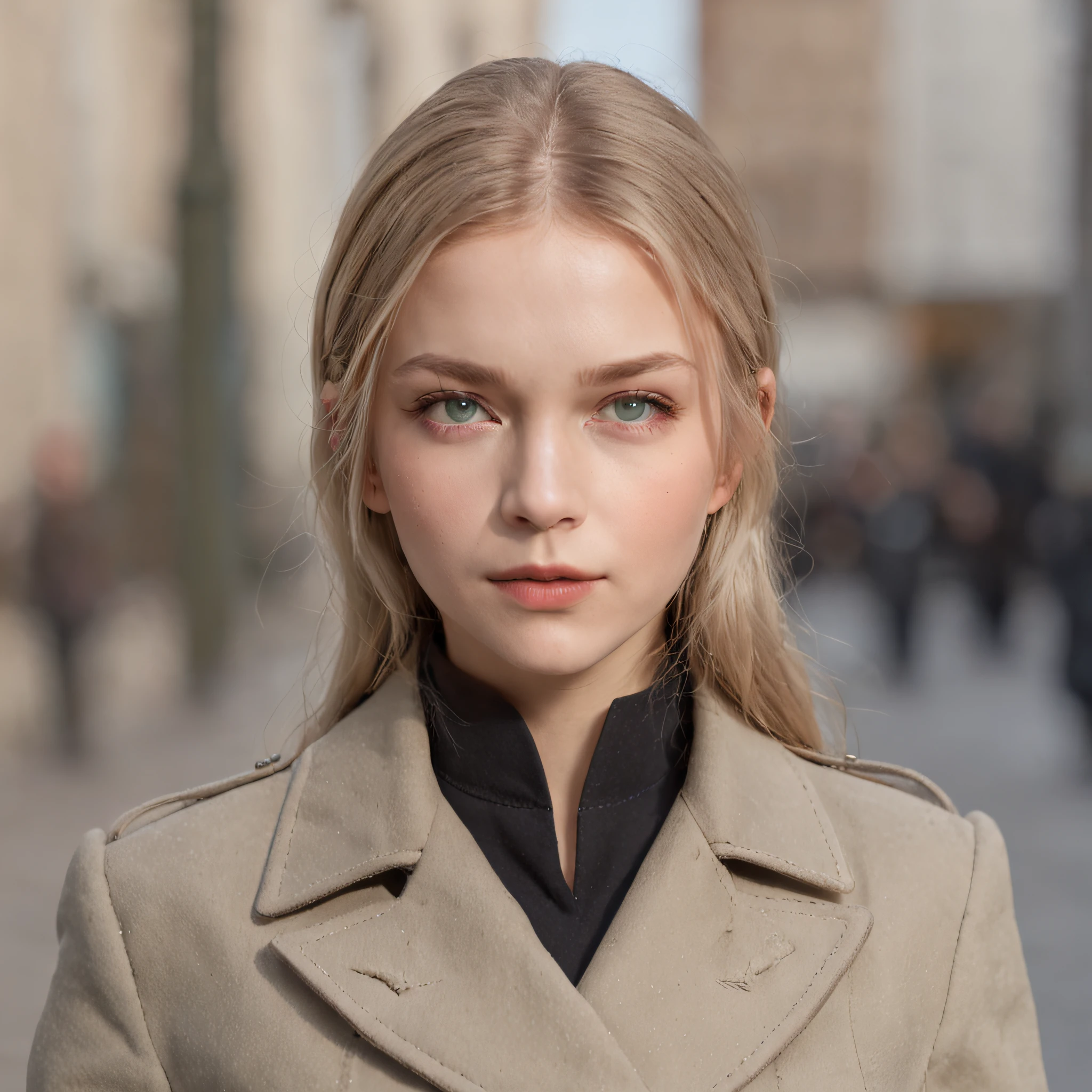 Lonely young girl, Tall stature, little chest, Slavic appearance: Green eyes; blond hair; sharp facial features; Straight nose; pronounced high cheekbones, stands upright, military uniform: gray double-breasted overcoat; gray pants, full length, max detail, Masterpiece quality, black leather gloves, in the middle of the street, Background: A street with a stone paved road with European stone houses from the first half of the 20th century, High quality shadows, High quality of light, High quality clothing.