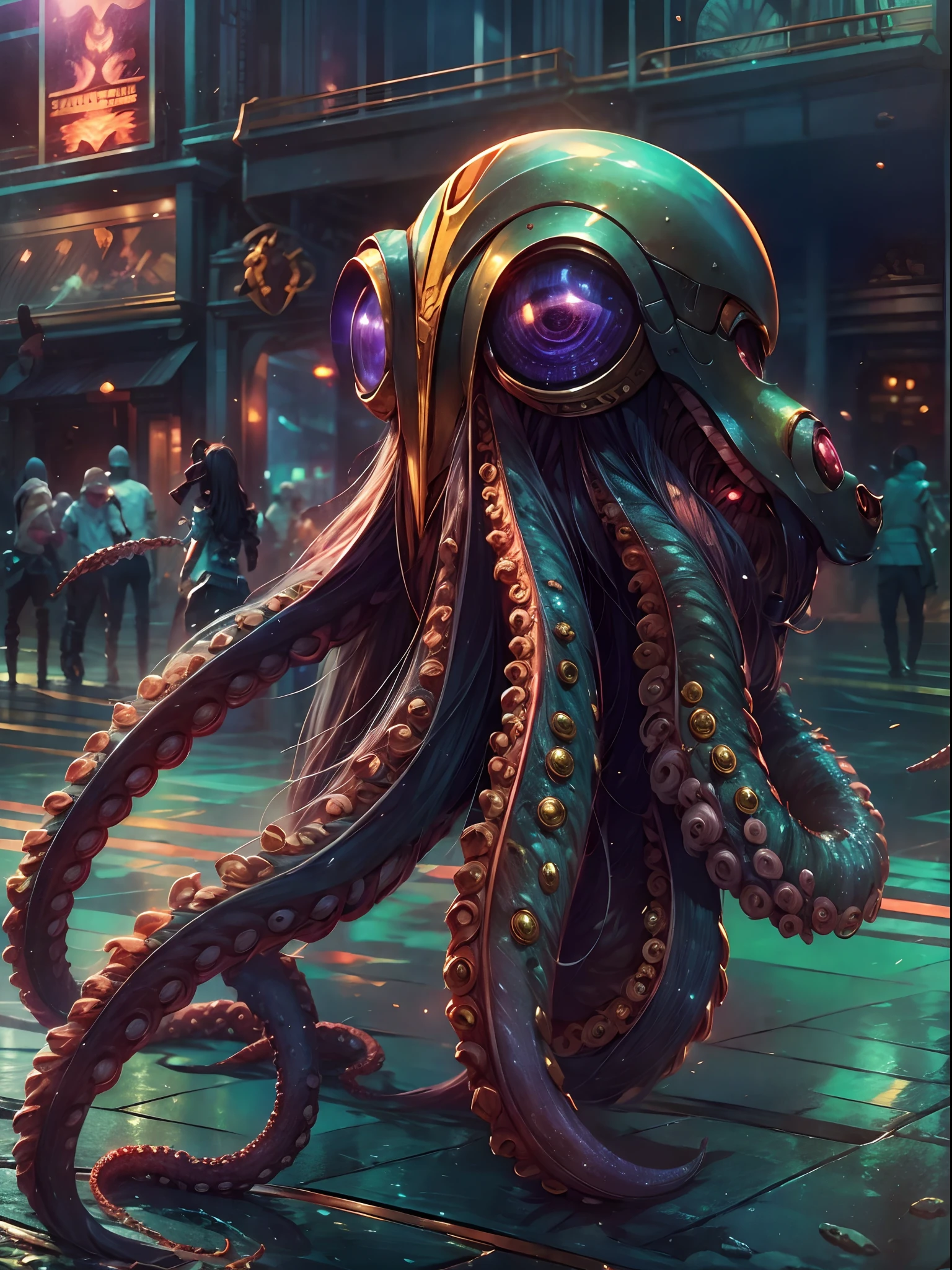 There is a giant octopus that is standing on the street - SeaArt AI