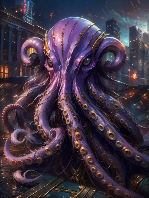 Invading aliens，uncanny，Octopus tentacles，Full body like，combats，The city was destroyed，of a real，Facial features are carefully depicted，Realistic skin texture，Dark style，depth of fields，high light，Real light，Ray traching，oc rendered，Hyper-realistic，best q...