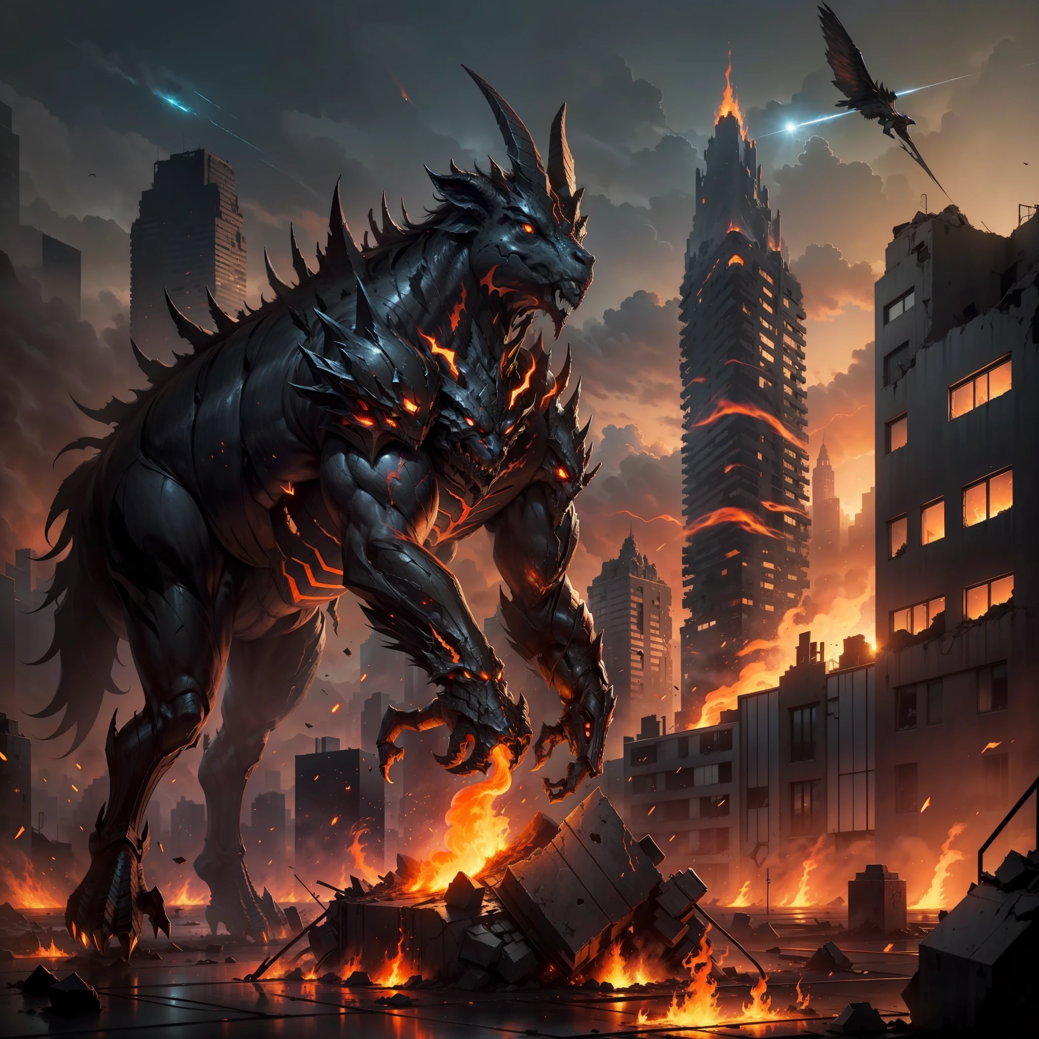 In being blown up, Ruined cityscape, The streets were shelled，Buildings burn，The windows were shattered，[（terroral）+（Humanoid monster with goat face）]Standing on the lava below casts a shadow. Its eyes, Glows like embers,. The flames dancing around the body create mesmerizing displays of light and color.