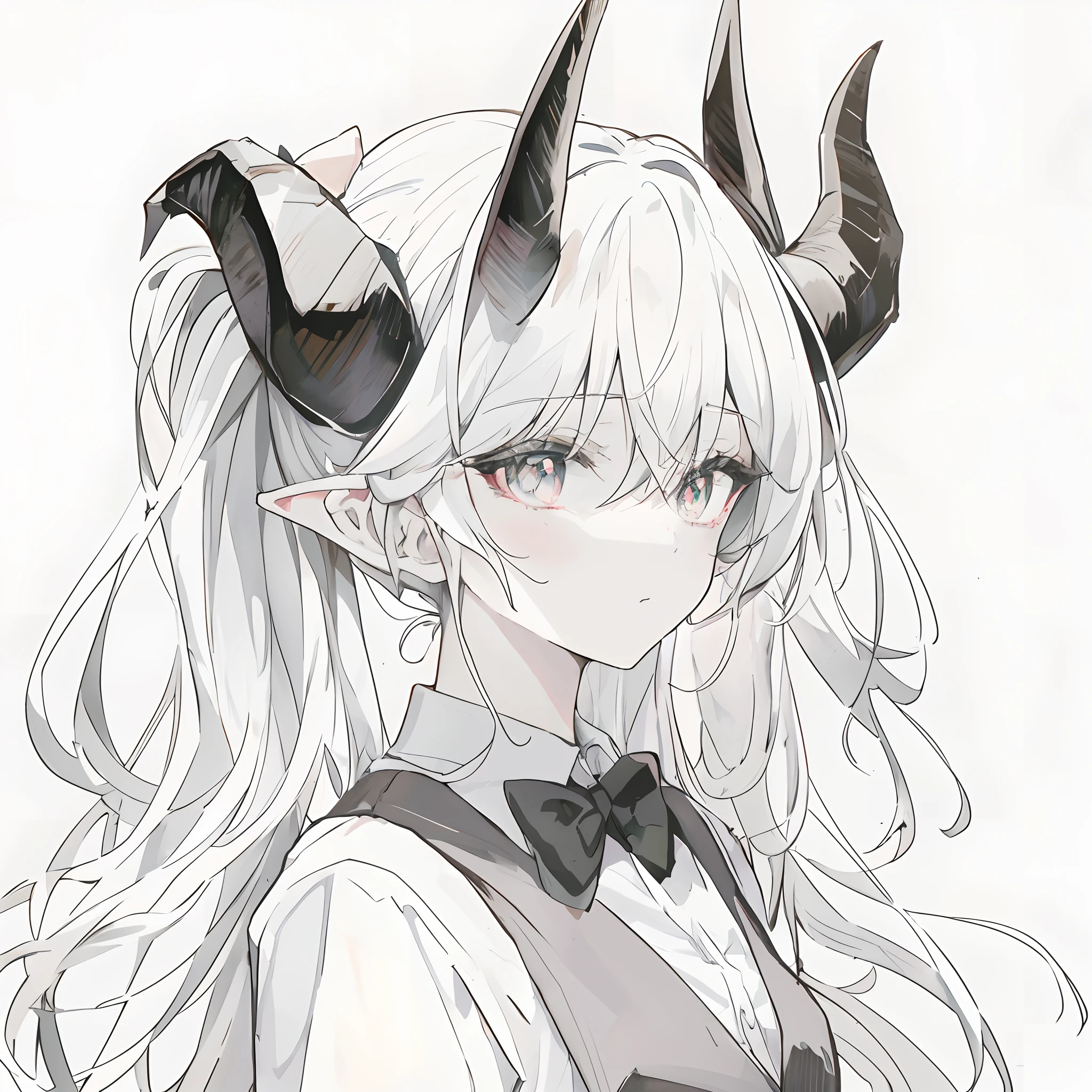 Anime girl with horns and bow tie in black and white - SeaArt AI