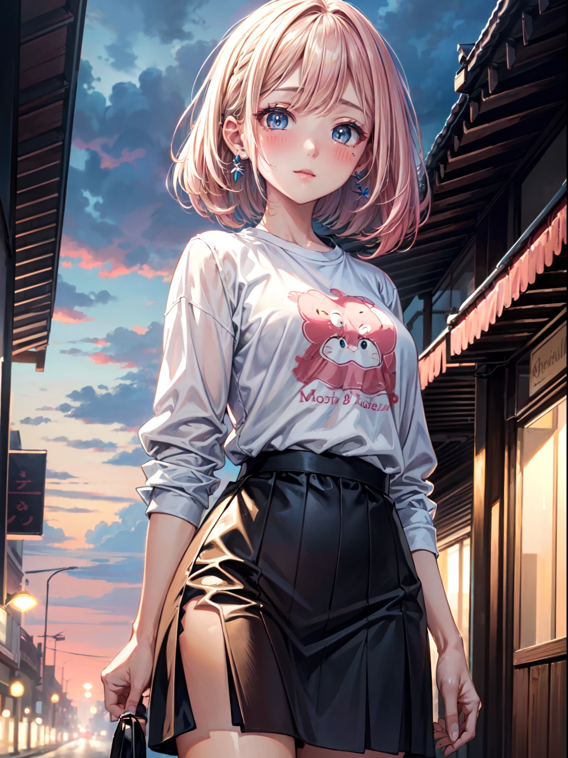 ((masterpiece+best quality+high resolution+illustration1.3+ultra 8k)), 1girl, ((detailed body)) ((attractive face)), short pink hair, pink shar eyes, silky hair, attractive eyes, blush, erotica, blue tshirt, black skirt, outdoor, fantasy cloud, cloudy weather , earrings detailed, focus, lighting