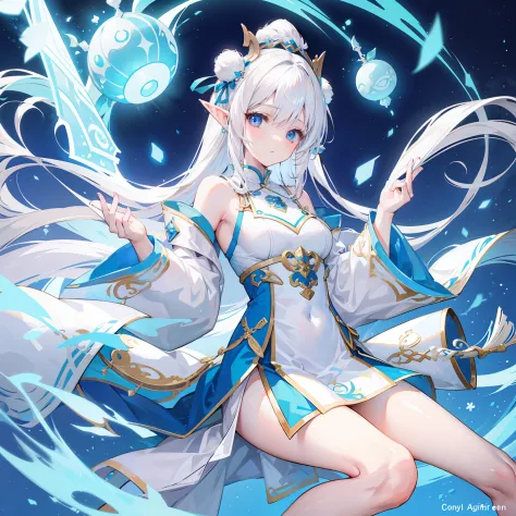 Creamy white hair，Fuzzy clothes，Hairy lute，Blue and white color scheme，Cute as the Jade Rabbit Elf，Precision and flexibility，Beautiful appearance，It's a sweet girl