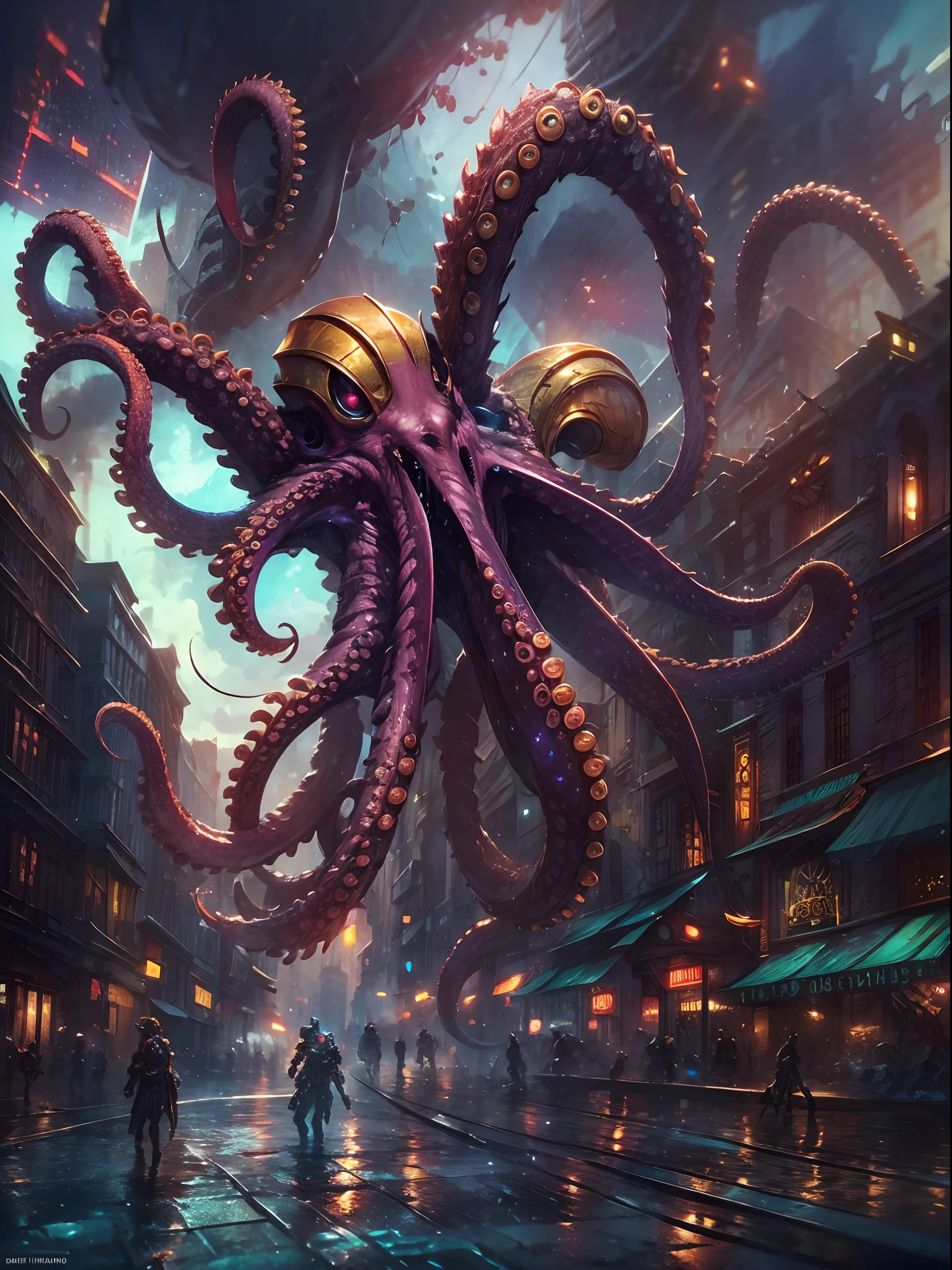 Octopus with a helmet on its head in a city street - SeaArt AI