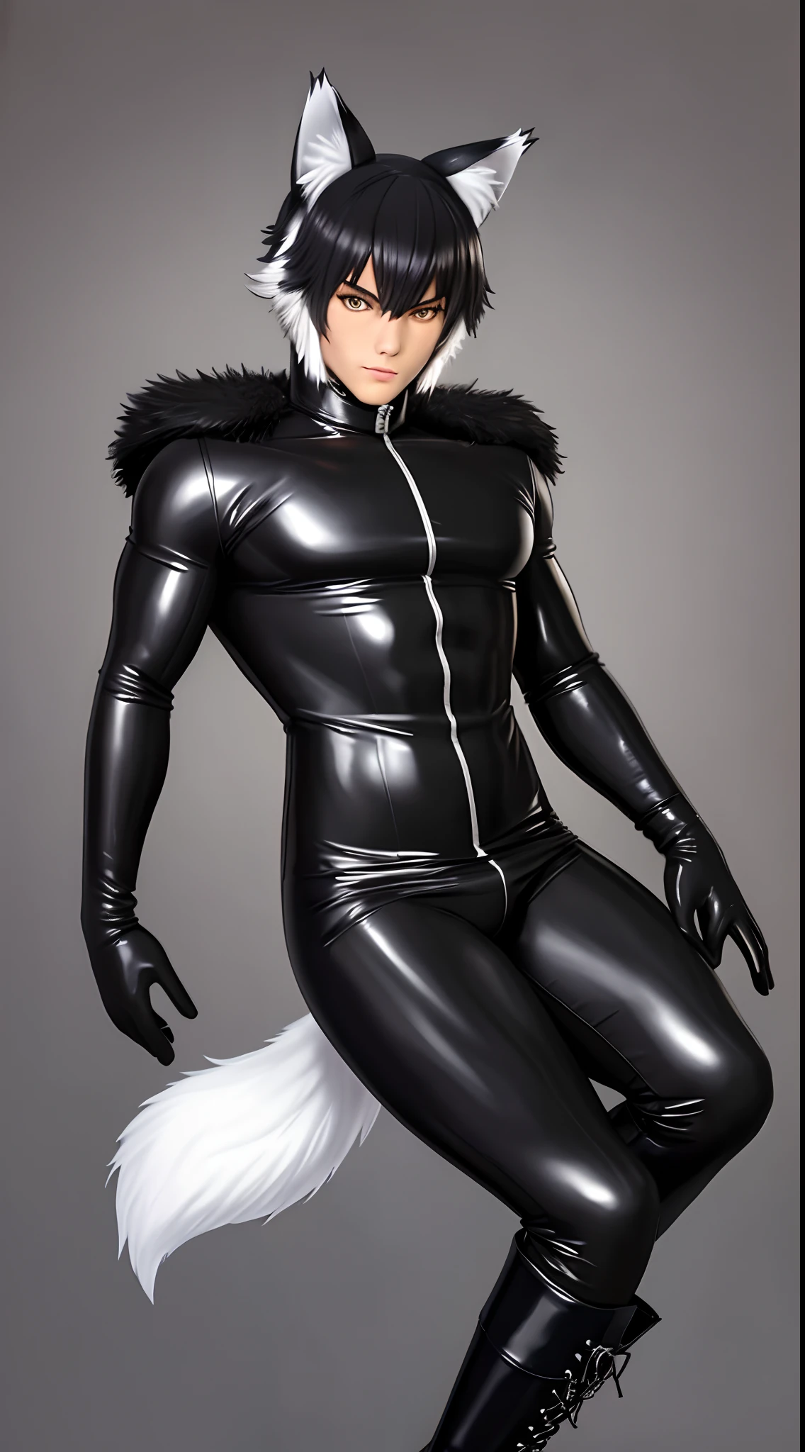 A woman in a black cat suit with white furs - SeaArt AI