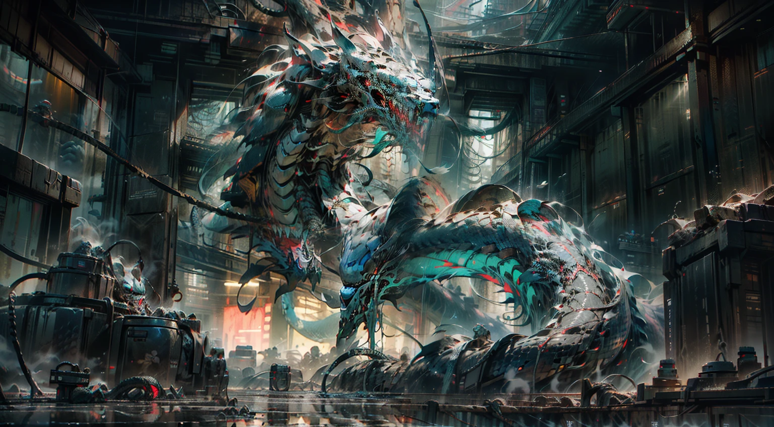 A transparent  huge Orochi serpent coming out from a  mettlaic black liquid ocean  ,visble mechanical spinal cord with blue neon lights and skeleton, metallic skeleton, red ocean background ,cyborg style , lightning, photorealistic ,
,wallpaper style ,serpent covering whole photo