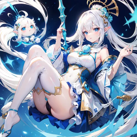 Creamy white hair，Fuzzy clothes，Hairy lute，Blue and white color scheme，Cute as the Jade Rabbit Elf，Precision and flexibility，Beautiful appearance，It's a sweet girl