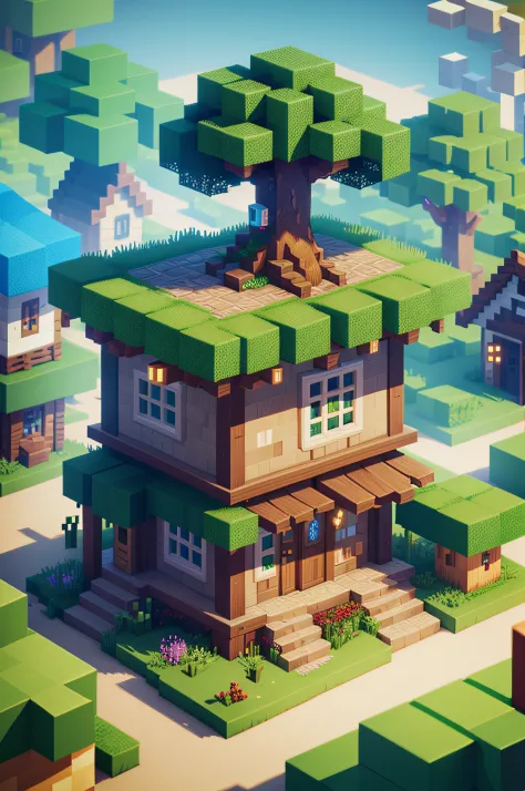 Masterpiece, best quality, high quality, extremely detailed CG unity 8k wallpaper, pixelart minecraft-inspired village, cute, pixel, multiple houses, tree in the middle of village, gigantic tree