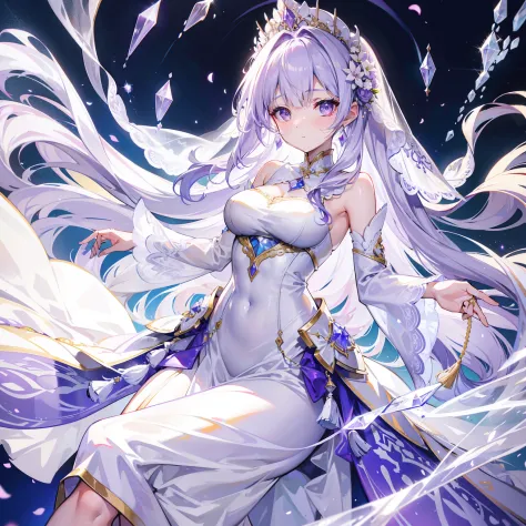 Light lilac fluffy and sparse long hair，Liquid crystal class，The wedding dress is as clear as a tassel，Very nice and beautiful young lady，Wedding dress，There is a looming hazy beauty
