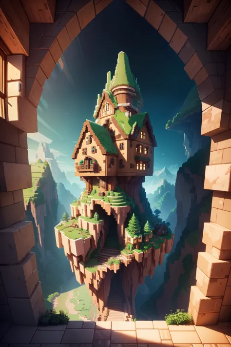 Masterpiece, best quality, high quality, extremely detailed CG unity 8k wallpaper, pixelart minecraft-inspired house inside of a mountain, cute, pixel, multiple houses, cave-like, mountain, home
