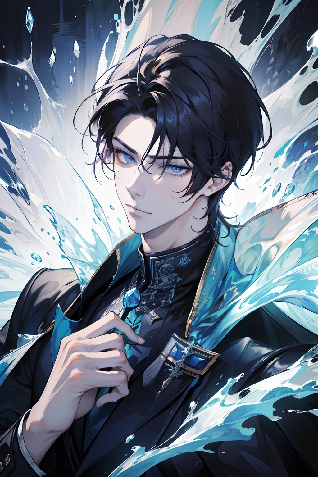(absurdres, highres, ultra detailed), 1 male, adult, handsome, tall muscular guy, broad shoulders, finely detailed eyes, dark color hair, complex pattern, detailed face, modern, best ratio four finger and one thumb, ice, bitter cold, cold snap, (dutch angle), closed mouth