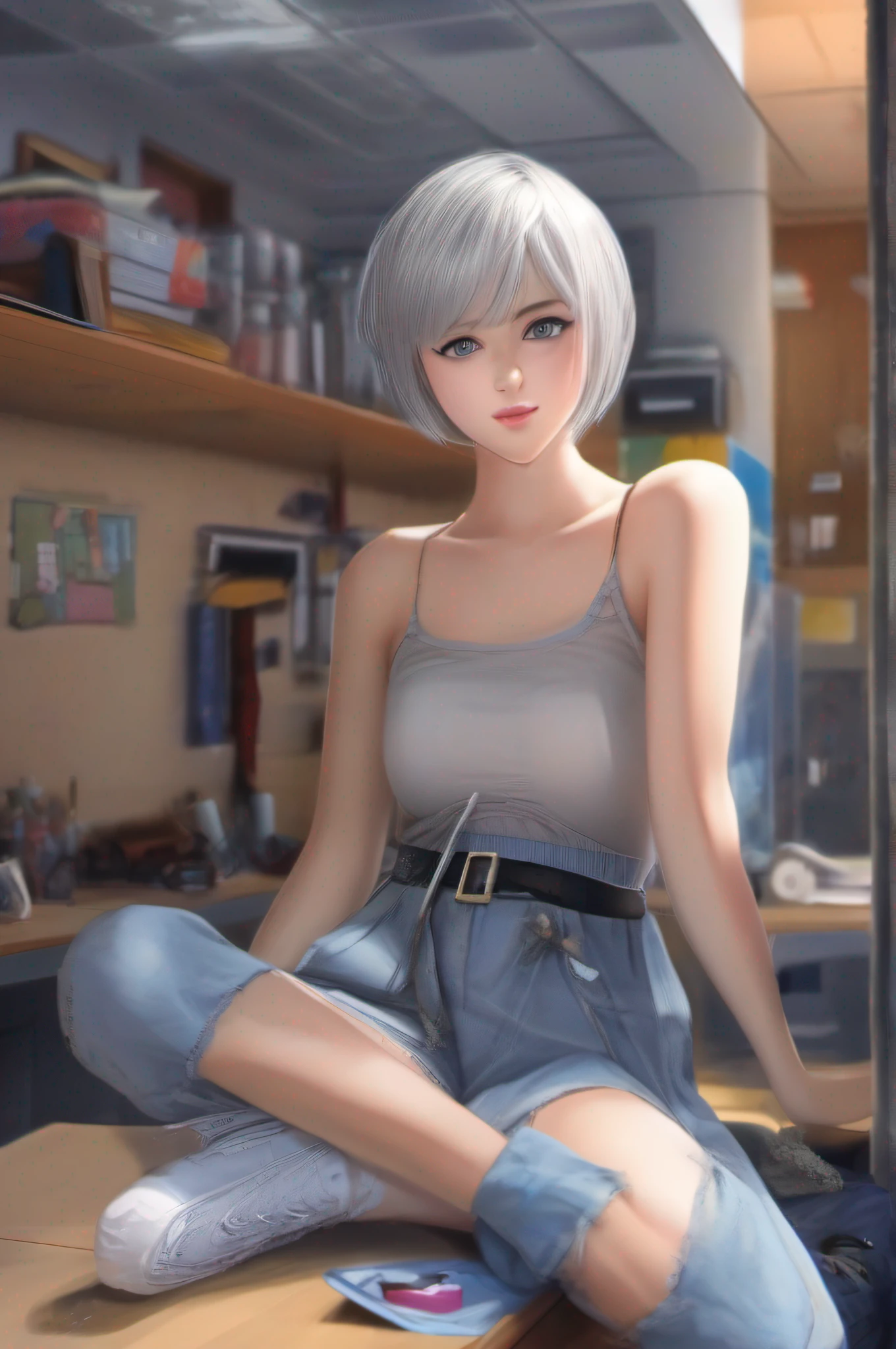 Anime girl sitting on a desk with a book in her lap - SeaArt AI