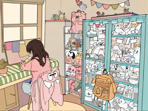 There was a girl looking at the drawing board，On the right are two bookcases full of stuffed animals, Crowded room, in her room, sitting in her room, Messy room, my home, Soft anime illustration, clean coloring book page, On the chair she sat on hung a swe...
