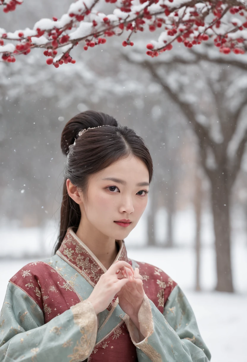 （Blurred foreground：A large number of snowflakes fell from the sky：1.8，），（Chinese Song Dynasty beauty dancing in skirt），（anatomy correct，Korean star face，The hands and face are very delicate and clear），（Stand in the middle of a quaint courtyard，Plum tree，Chinese elements，Winter clothing，Clothes with a belly，A lot of plum blossoms are falling：1.2，Snowflakes fell from the sky：1.6，），（wide angles，Ultra HD details，Masterpiece, hyper HD, Super detail, High details, Best quality, A high resolution,  Award-Awarded, Award-Awarded, 8K，），（Chinese premium color scheme，电影灯光）