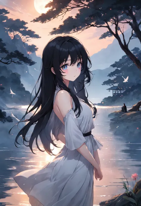 Black hair with long hair hanging down the waist，Black pupils，White Skin Skin，best qualtiy，Masterpiece，Girly image，slimfigure，Sweet smile，White moon，Lakeside view，Elegant white dress，Tranquility and tranquility。