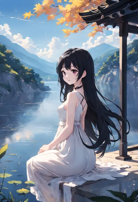 Black hair with long hair hanging down the waist，Black pupils，White Skin Skin，best qualtiy，Masterpiece，Girly image，slimfigure，Sweet smile，White moon，Lakeside view，Elegant white dress，Tranquility and tranquility。