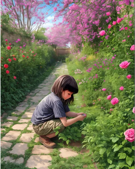 Garden, plants are everywhere, colorful plants, a little child is crouching in the grasses and looking to a big glamarous rose -...