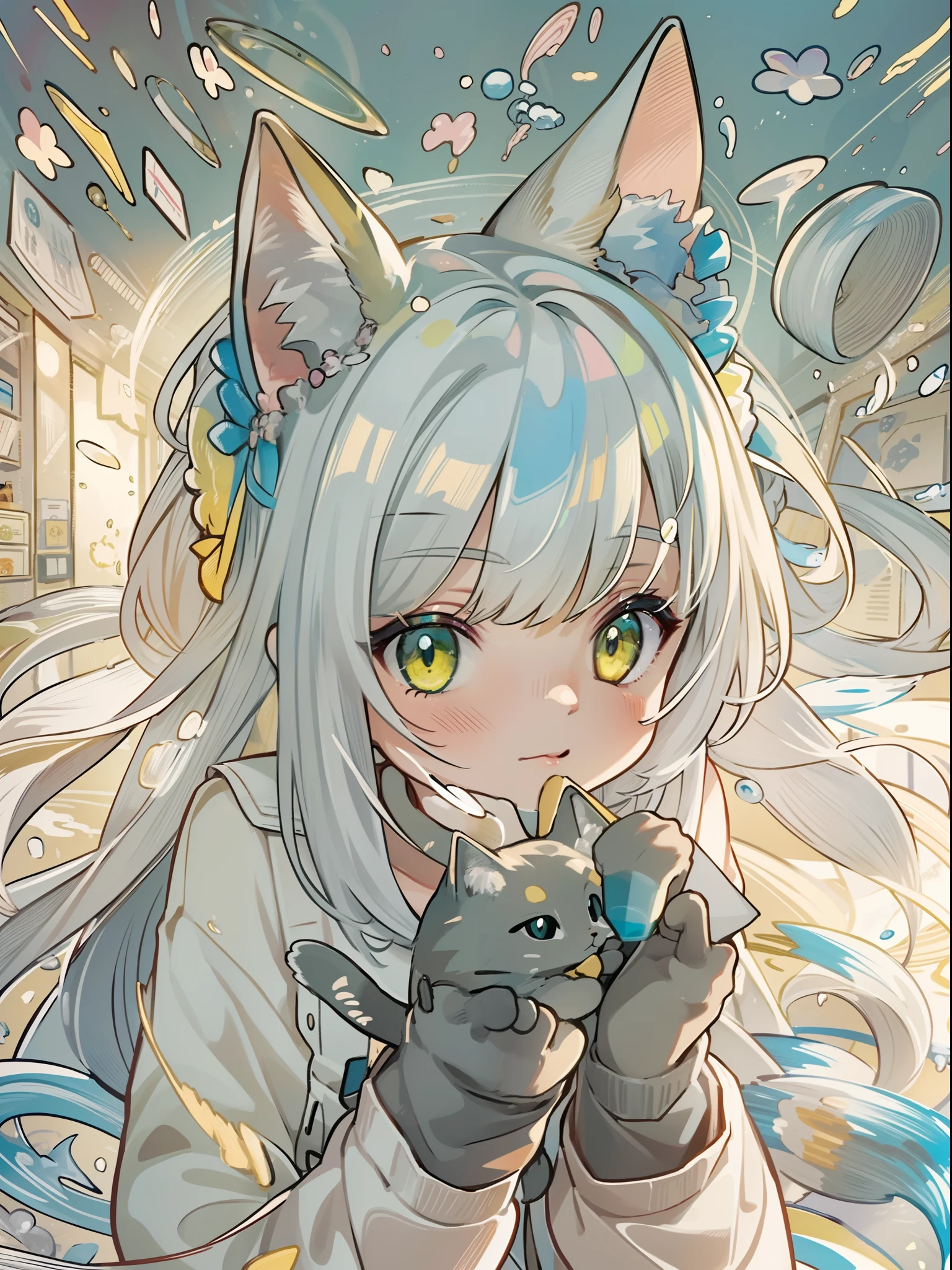 1girl in,There is a cat next to you（（Bring a Cat 1.2））、A pokémon_The card,(top-quality), (high_quality), (Convoluted_Details), (ultra-detailliert), (illustratio), (Distinct_image),saito_naoki,fight、White hair（（rainbow-colored hair））、Yumekawa