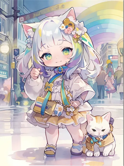 ((Best quality1.2))、((Masterpiece 1.2))、watercolor paiting、((Fashionable clothes))、((Take a cute cat 1.5))、white colors((rainbow-colored hair))