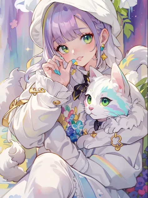 ((Best quality1.2))、((Masterpiece 1.2))、watercolor paiting、((Fashionable clothes))、((Take a cute cat 1.5))、white colors((rainbow...