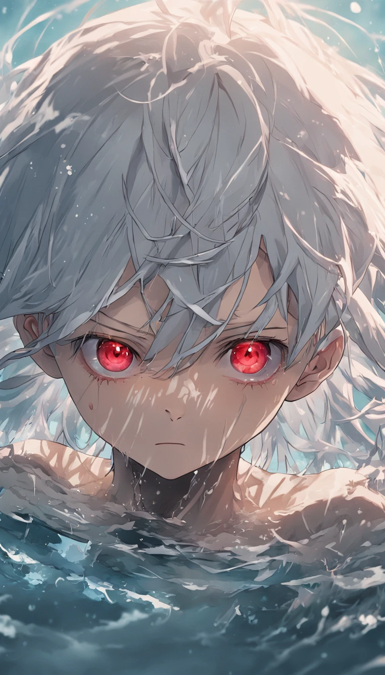 anime boy, body immersed in water, white hair, long hair, red eyes, conceptual art,  Best quality, Masterpiece, (photograph realistic:1.4), surrealism, Very detailed, movie light effect, 4K, Mysterious storyline, kaneki ken, Vibrant colors, reasonable design, Clear lines, High sharpness, tmasterpiece，Ultra photo realsisim，32K resolution，Excellent painting in extreme detail, Detailed face，Detailed eyes, Complicated details，detailed background, darkly