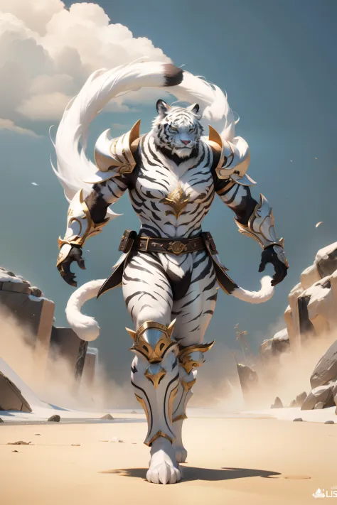 Super cute furry white tiger warrior in armor、realisitic、4K、ultra-detailliert、 vray rendered、unrealengine、Mid-Journey Art Style