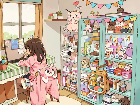 There was a girl looking at the drawing board，On the right are two bookcases full of stuffed animals, Crowded room, in her room, sitting in her room, Messy room,Soft anime illustration, clean coloring book page, The chair she sat on hung a sweatshirt, cute...