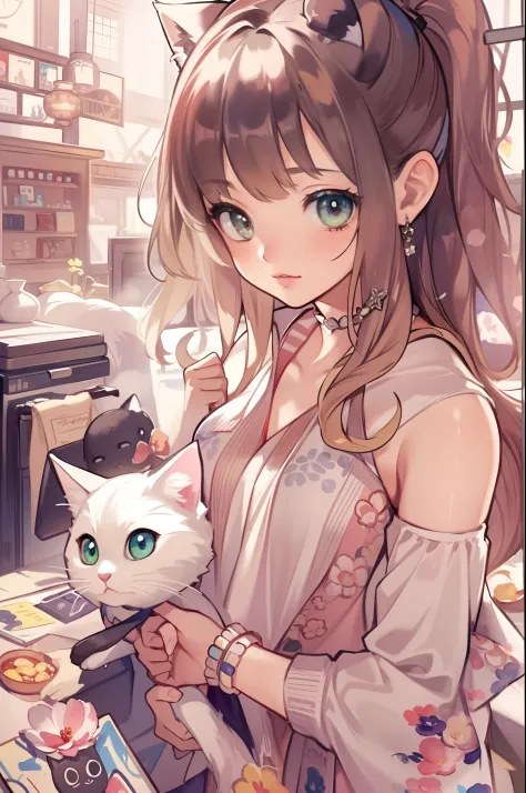 （（Awesome Backgrounds 1.5））((Best quality1.2))、((Masterpiece 1.2))、watercolor paiting、((Fashionable clothes))、((Take a cute cat ...