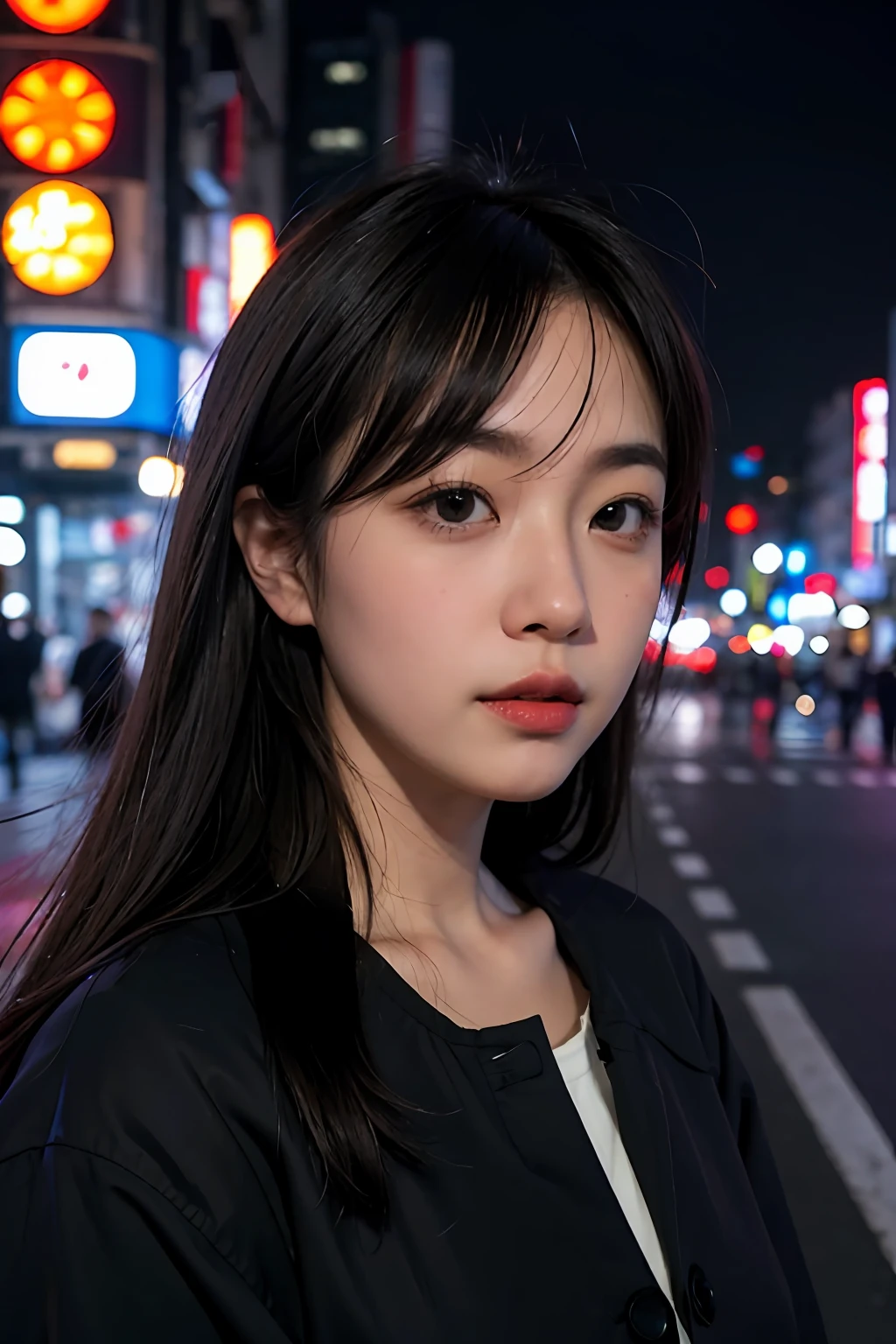 여자 1명, 도쿄 거리,밤, 도시 풍경,도시 불빛, 상체,확대, 8K, 원시 사진, 최고의 품질, 걸작,현실적인, photo-현실적인,