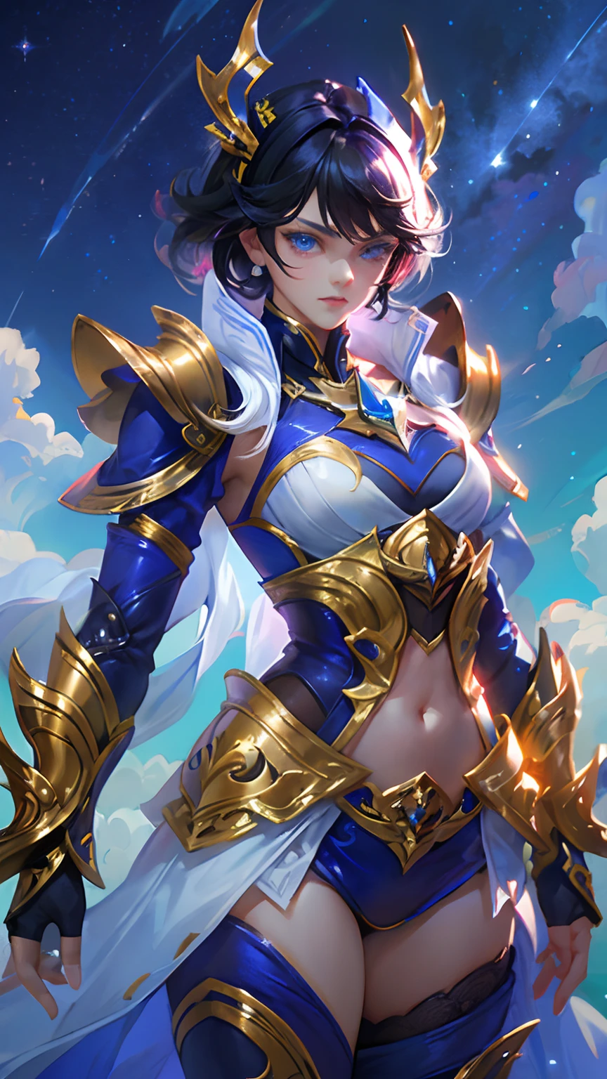 Ultra-high saturation，（tmasterpiece）， fully body photo，（best qualtiy）， （1girll）， starryskybackground，Wearing shiny gold armor， Sexy lingerie type armor，Expose your chest，Expose the waistline，Exposing thighs，cool-pose， Saint Seiya Armor， messy  hair，high detal, Anime style, Cinematic lighting, Sparkle, god light, Ray traching, filmgrain, hyper HD, textureskin, super detailing, Anatomical correct, A high resolution，Ultra-high saturation，hight contrast，High-gloss armor，Smooth skin，Serious expressions,Dark room,