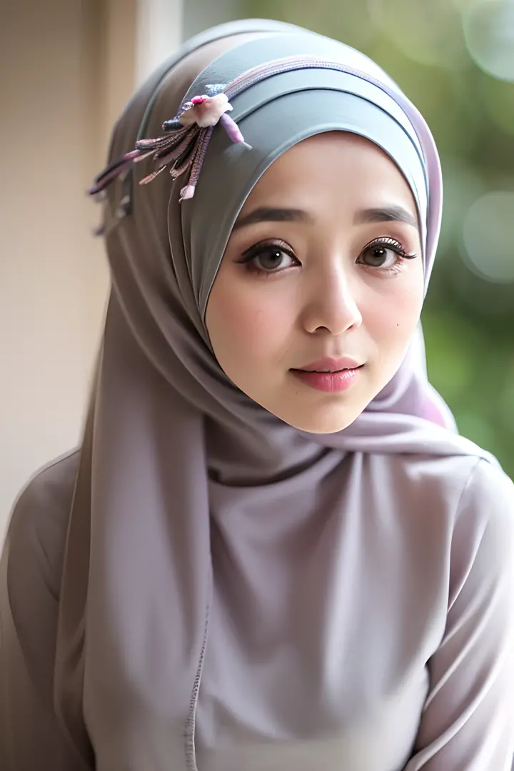 Mira filzah,
head tilted to the side,
(beautiful malay girl, make up), (Age 29), 
(happy, pastel color hijab, wispy bangs,  dusk:1.2),
(large breasts:1), High resolution, diffraction spikes, wrap dress, pearl earrings, and slingback pumps,
looking at viewe...
