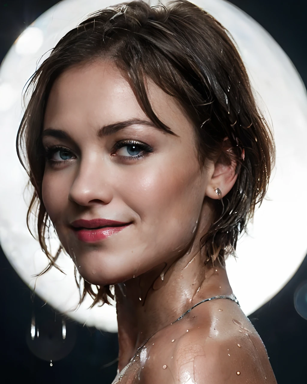 A close up of a woman with a wet face and a full moon in the background -  SeaArt AI