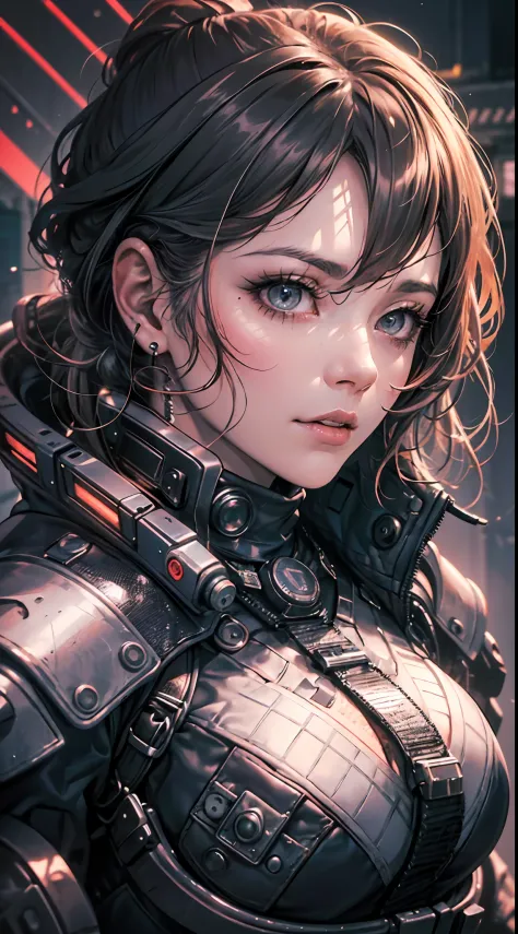 (1girl in)、(Plump beauty)、(30-years old)、(Top image quality)、(8K picture quality)、(cyberpunked)、(masutepiece)、 (Flickering of light)、(Wear a cyberpunk military uniform)、cinematric light, Cinema Shadow, Sharp Image, Extremely detailed, Volumetric, Bright sp...