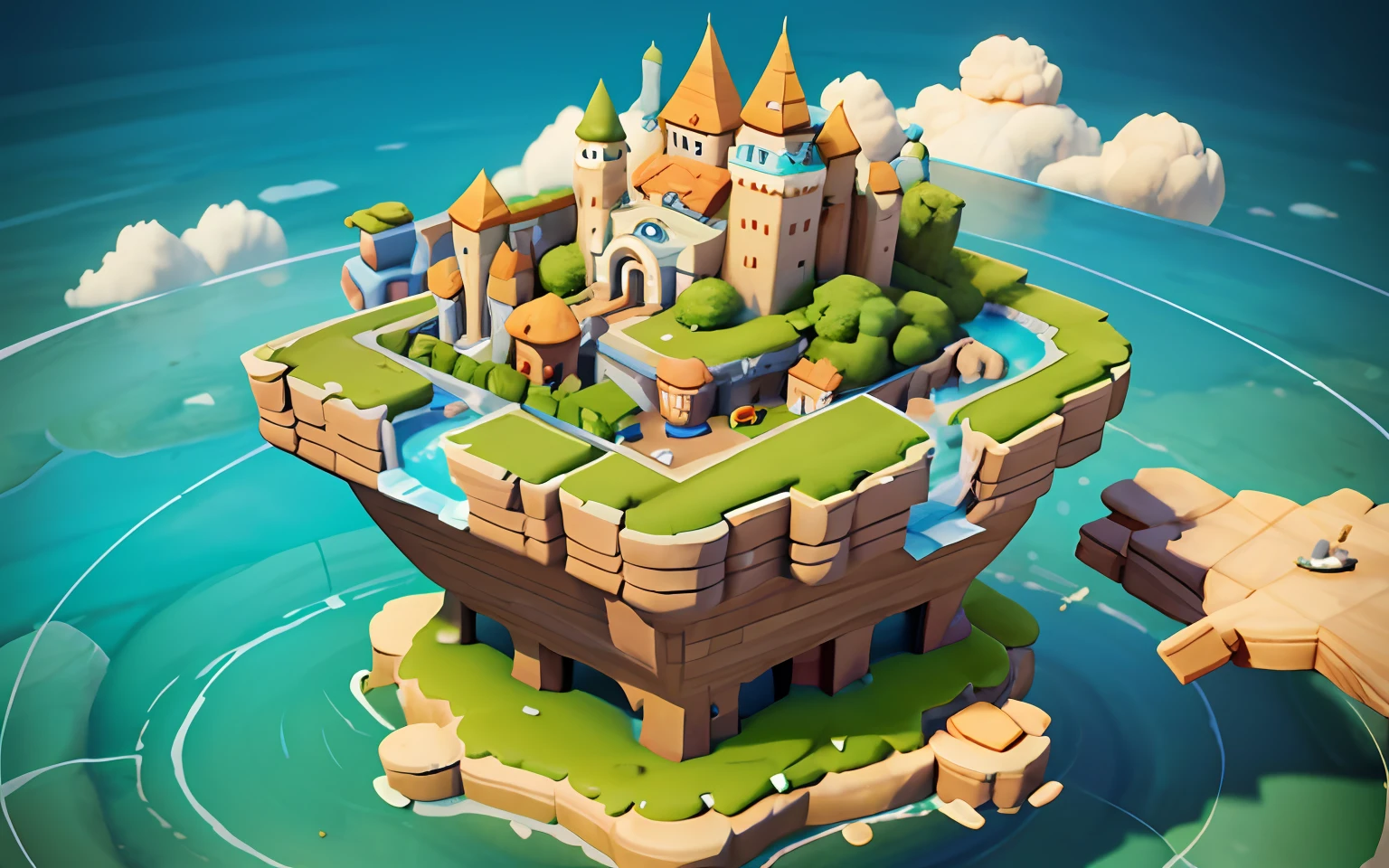 Closeup of an island with a castle on it, isometric island in the sky, 3 D rendering stylization, stylized concept art, isometric 3d fantasy island, floating and flying island, flying island, stylized 3d rendering, stylized game art 8k gemes.